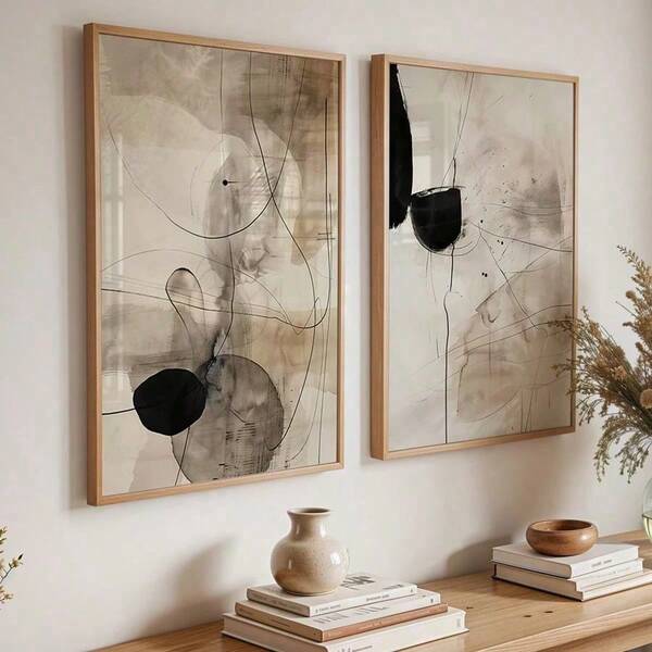 2pcs Unframed, Black Beige Abstract Wall Arts, Neutral Minimalistic Art Print, Industrial Posters, Japandi Line Art Print, Modern Wall Decor, Canvas Art For Living Room, Bedroom, Kitchen, Home Office, Cafe, Bar, Hallway, Home And Room Decoration
