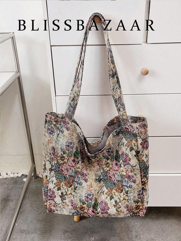 حقيبة تسوق بنمط زهري، حقيبة مدرسية، سعة كبيرة، محمولة، خفيفة الوزن، مناسبة للمراهقات والنساء والطالبات الجامعيات، مثالية للعودة إلى المدرسة، أول يوم دراسي، الجامعة، المرحلة المتوسطة، المرحلة الثانوية