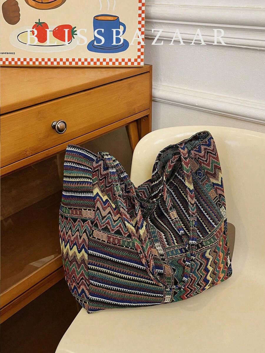 1 Pieza Bolsa De Hombro De Gran Capacidad Simple Y De Moda Con Patrón Vintage, Plegable Para Viaje Diario Y Compras - Multicolor - Ver 1
