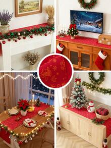1pc Merry Christmas Red Table Runner, Foil Bell Pattern, Rectangular, Washable, For Sideboard, Shoe Cabinet, Dining Table, Party Tablecloth, Room Decor, Autumn/Winter Home Decor, Suitable For Farmhouse, Kitchen, Dining Room, Living Room, Gathering, Party, Holiday Decoration, Christmas, New Year - Red - View 3