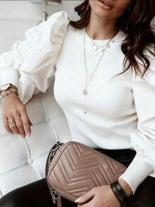 Áo nữ màu trơn cổ tròn tay phồng thời trang mùa xuân - trắng - Xem 3