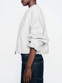 1 Peça Jaqueta Bomber de Manga Longa Macia e Versátil com Gola Redonda, Casaco Curto Fashionável, Outono/Inverno