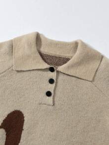 Maglione casual da uomo con colletto polo e motivo a lettera, nuova collezione primavera, top a maniche lunghe - Cachi - Visualizzare 4