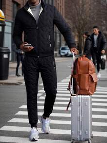 2 件男士冬季立领长袖超声波时尚运动棉服外套和超声波卷边裤套装