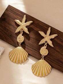 1 Pair Asymmetrical Shell & Starfish Earrings For Women, Fashion Exaggerated Metal Design, Versatile Beach Vacation Jewelry, Chic Summer Statement Accessory For Daily Wear, Party, Holiday Or Gift Idea For Girls, Teens & Ladies - Vàng - Xem 4
