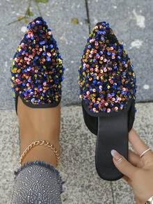 Plus Size 35-45 Pointed Toe Flat Slip-On Mules, French Soft Bottom Rainbow Sequin, Suitable For Summer & Autumn Outdoor & Daily Wear Women Flat Sandals - Purple Rainbow Sequins - View 2