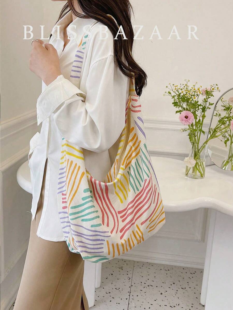 Oversized Hobo Bag Colourblock Striped Pattern - Multicolor - View 1