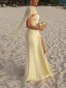 Elegant Strapless Slit Gown - Minimalist Bandage Dress With Flowing Sash, Sexy Evening Dress For Galas & Red Carpet - 黃色 - 查看 8