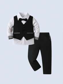 BOARNSEORL 3 Stücke Jungs Gentleman Outfit Set - Weißes Hemd mit Fliege, Weste und Hose, modisch & für Aufführungen, Partys, Hochzeiten, Outdoor-Aktivitäten