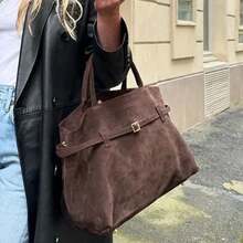 大容量绒面磨砂哑光手提包 欧美复古托特包设计感天鹅绒单肩包 - 咖啡棕 - 查看 6