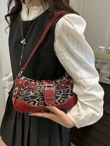 新款时尚扣环豹纹手提包和单肩包，适合聚会、郊游、度假、购物和日常使用，可存放硬币、手机，也适合作为办公室女士、大学生和职业女性的工作包，优雅的女士包 - 紅色 - 查看 4