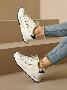 1 双厚底透气气垫系带高帮软底跑步鞋，休闲运动鞋，厚底运动鞋，网眼运动鞋 - 藍色 - 查看 3