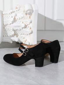 秋冬婚礼休闲时尚高跟玛丽珍T带鞋,粗跟正装浅口鞋,天鹅绒面工作办公鞋,户外女鞋(购买前请确认脚长、掌围参数) - 黑色 - 查看 8