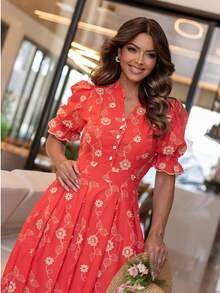 Elegant Midi Dress In 3D Embroidery, Lined, Princess Puff Sleeve, Ruffle Hem - 紅橙 - 查看 4