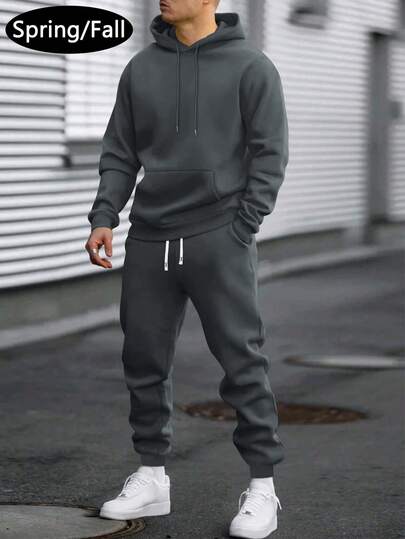 Men's Lightweight Regular Fit Hoodie And Sweatpants Set, Solid Color Basic Style, Fashion Casual Outfit With Pockets And Drawstring Waist, Suitable For Spring/Autumn, Great Gift For Husband/Boyfriend, Streetwear, Commuting, Outdoor Activities, Holidays