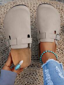 حذاء بيركنستوك مريح وغير قابل للانزلاق للنساء، سميك الوحدة، بتصميم مول مع إبزيم زخرفي، لون أحادي من الجلد المدبوغ الصناعي، صندل مسطح متعدد الاستخدامات للشاطئ والمنزل