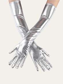 1 Pair Sexy Patent Leather Long Gloves, Cosplay Costume Accessories, Black Tight Fit Pole Dance Performance Gloves,Halloween - Black - View 7