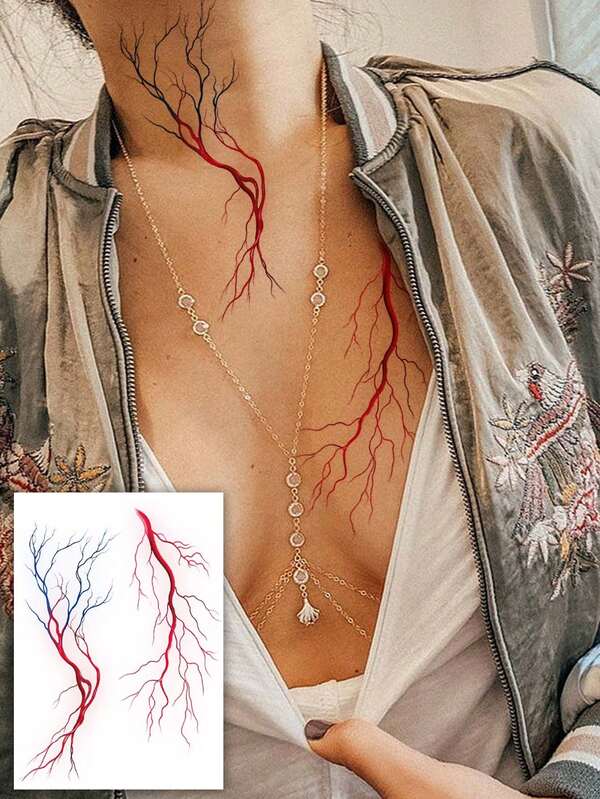1pc Colorful Vascular Temporary Tattoo, Waterproof And Sweat-Resistant, Disposable Fake Tattoo, Half-Arm Fake Sleeve Body Art Decorative Tattoo Lasts 3-5 Days, Unisex Can Cover Scars, Travel Essential, Suitable For Camping, Gym, Body Decoration, Applicable To Arms, Legs, Waist And Other Body Parts.