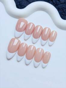 10pcs Handmade Press On Nails Almond,Simple Style,Mid-Length Nails, Handpainted White French Tip On Nude Color Nail Bed, Premium Acrylic False Nails, Suitable For Women And Girls Daily Wear, With Nail Accessories Press On Nails - trắng - Xem 1