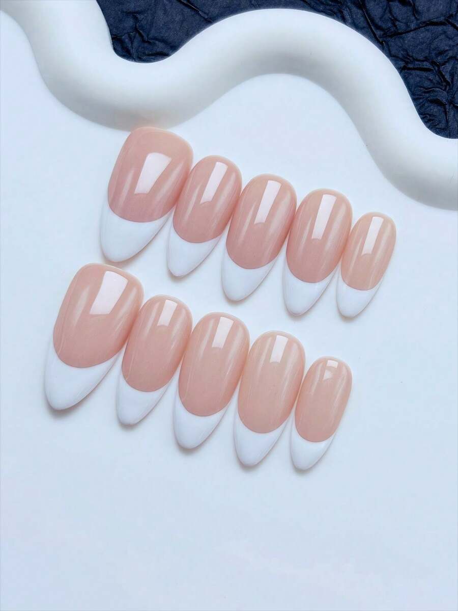 10pcs Handmade Press On Nails Almond,Simple Style,Mid-Length Nails, Handpainted White French Tip On Nude Color Nail Bed, Premium Acrylic False Nails, Suitable For Women And Girls Daily Wear, With Nail Accessories Press On Nails - trắng - Xem 1