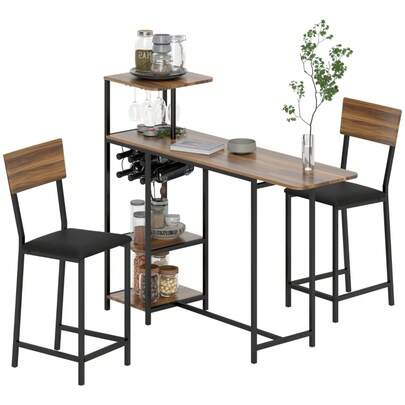 HOMCOM Bar Table With Bar Stool Set, 3 Piece Bartisch Set With Foldable Kitchen Table, Wine Glass Rack, Wine Shelf, 2 Bar Stools, Steel Frame, Modern Dining Group For Dining Room, Kitchen, Brown