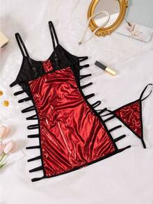 2 件套全新女士睡衣套装，拉链开合性感内衣镂空吊带睡袍和内裤，适合狂欢 - 酒紅色 - 查看 11