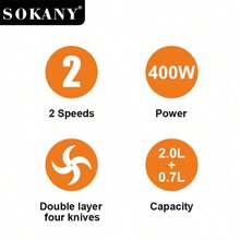 SOKANY 06028 2-In-1 Electric Meat Grinder & Food Processor, 2L Main Body & 0.7L Grinder, 400W High Power, 2 Speed Settings, Stainless Steel Quad Blade, Suitable For Home And Restaurant Use As Blender, Mincer, Garlic Press, Slicer, Wireless Food Processor For Chopping Ginger, Chili, Fruits And Meats - EU C Type Plug(220-240V) - View 4