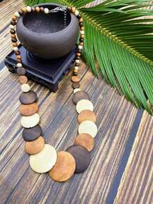 Vintage Wooden Disc Necklace, Suitable For Travel And Daily Wear - Coffee - View 10