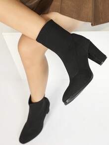 Women's Chunky Block High Heel Ankle Boots Pointed Toe Winter Dressy Short Booties - màu đen - Xem 2