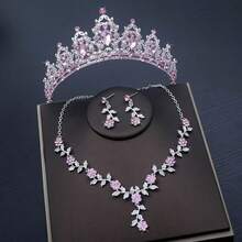 1pc Women's Pink Valentine's Day/Birthday Crown Necklace & Earrings Set, Suitable As Valentine's Gift And For Party Occasions