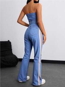 Mono informal para mujer con Top tipo tubo y pernera acampanada de mezclilla,mono sin tirantas de mezclilla para damas,estilo de pierna ancha - Azul - Ver 3