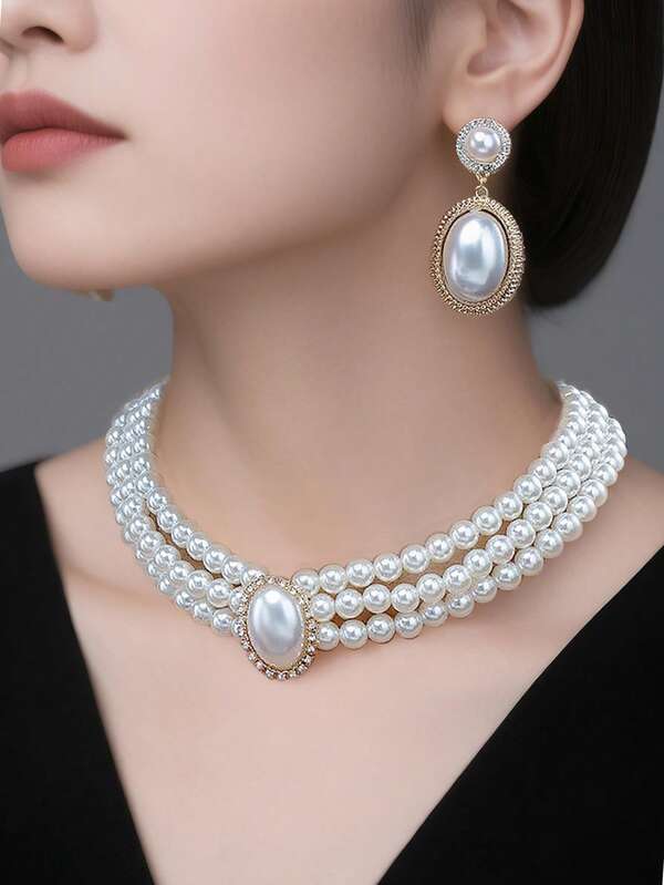 3pcs Elegant Zinc Alloy Faux Pearl Necklace & Earrings Set, Bridal Jewelry Accessories For Wedding Dress