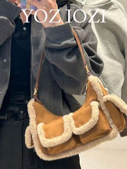 韩国时尚复古仿羊毛和绒面革腋下托特包女士拼布单肩包毛绒通勤和日常休闲购物手提包