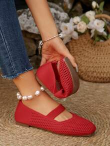 Women's Woven Mary Jane Flat Shoes, Square Toe Mesh Breathable Shoes, Comfortable Elegant Flat Knitted Casual Shoes - Red - View 4
