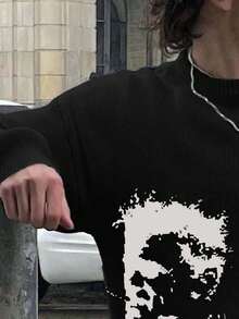 Jersey de punto con retrato y letra intarsia para hombre, de ajuste holgado casual, cálido y versátil, adecuado para primavera, otoño e invierno - Negro - Ver 3