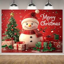 1 Striscione natalizio con pupazzo di neve a scacchi rossi e bianchi, bacche di agrifoglio e fiocchi di neve in tessuto di poliestere, adatto per feste, matrimoni e famiglie sia in ambienti interni che esterni, senza elettricità, disponibile in varie misure, decorazione natalizia, telo di sfondo natalizio.