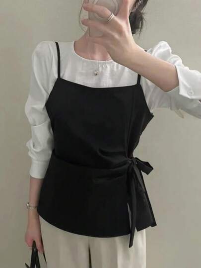 2026 Spring/Autumn Bow Tie Strap Camisole + Long Sleeve Shirt 2-Piece Set