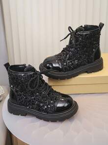 1 par de botas de cuero brillante y elegantes para niños y niñas, botas cálidas para exteriores, botas casuales para niños pequeños, botas para todas las estaciones