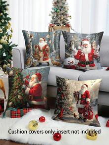 4pcs/1pc Christmas Pillow Covers - Santa Claus With Forest Animals And Christmas Tree Pattern Cushion Covers, 18x18 Inches | Zipper Closure | Bright Colors And Polyester Material | For Living Room, Room Decoration, Sofa And Bedroom (Filling Not Included) Great For Christmas Decorations, Christmas Party Home Decor Christmas Decorations Home