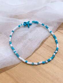 Minimalist Bohemian Style Beaded Shell & Starfish Anklet, Summer Beach Ocean Themed White Bead Ankle Jewelry, Suitable For Daily Wear