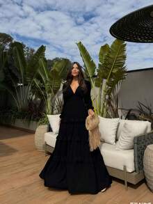 Women's Long Chiffon Dress With Long Sleeves, V-Neck, Ruffled Hem And Lining - Negro - Ver 1