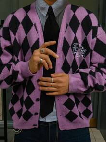 ANDREILEE 秋冬新款男士休闲宽松纯色棋盘格英文字母复古浪漫街头风V领纽扣罗纹针织长袖开衫 - 紫色 - 查看 1