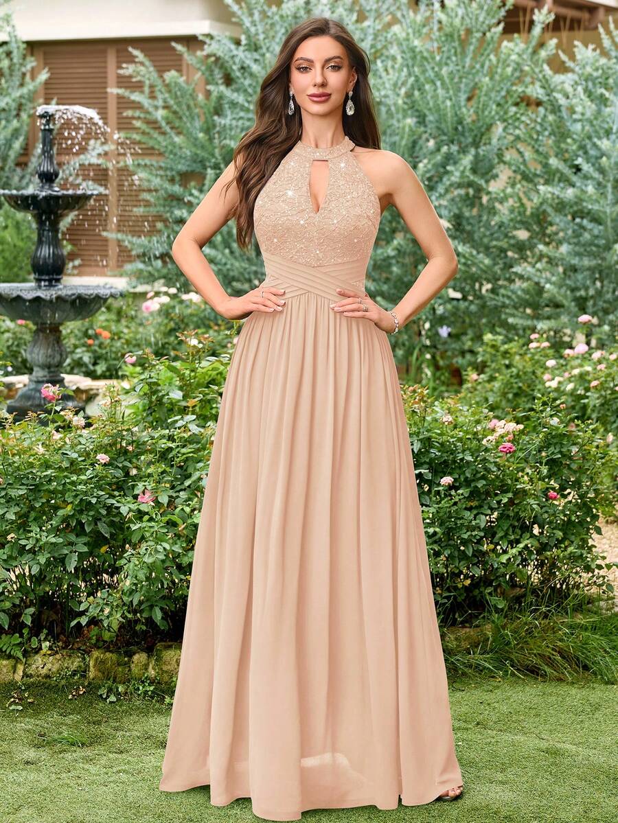 MIUSOL Đầm dạ hội hở lưng, chất liệu chiffon phối ren hoa đính sequin, màu tương phản, xếp ly, thích hợp cho khách dự đám cưới, lễ tốt nghiệp, tiệc chiêu đãi và các dịp khác trong mùa hè.