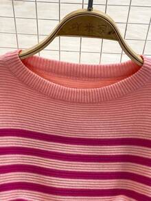 Vestido de verano de punto a rayas de playa, vestido de verano entallado de manga corta y cuello redondo, vestido de calle para exterior, vestido de rayas para mujer. - Rosa - Ver 4