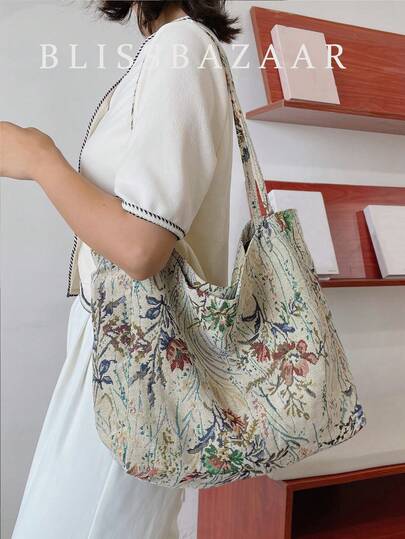 花卉图案单肩托特包书包，大容量，便携，经典休闲，适合少女、女大学生，非常适合返校、开学第一天、初中、高中、购物、度假