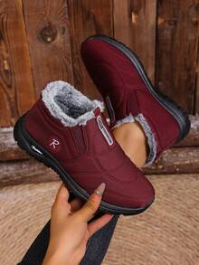 Women's Winter Fashion Casual Snow Boots (Please Note: The Shoes Are One Size Smaller. It Is Recommended To Buy One Size Larger.) - Solid Color, Comfortable And Easy-To-Wear Shoes, Suitable For Daily And Home Use, Round Toe Design, Textile Upper And Lining, Simple Style. - Red - View 2