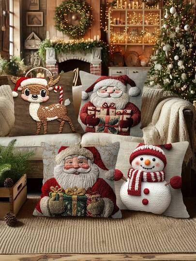 4 件套节日圣诞枕套，17.7 英寸 X 17.7 英寸，单面印花 - 圣诞老人、雪人、驯鹿和拐杖糖图案，拉链开合，仅可手洗 - 非常适合沙发腰部支撑装饰（仅限枕套）