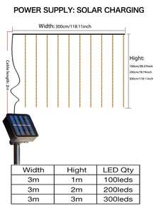 1pc 300/200/100 LEDs Solar Curtain Light, Outdoor Light, IP65 Waterproof 8 Lighting Modes Fairy Lights Christmas Party Wedding Home Bedroom Garden Wall Decor, Halloween Decorations Lights Outdoor 9.8Ftx9.8Ft/9.8Ftx6.5Ft/9.8Ftx3.2Ft