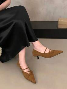 Zapatos de tacón de aguja tipo Mary Jane de ante retro francés de primavera 2025, zapatos de tacón de gatito para ir al trabajo y fiestas para mujeres - Marrón - Ver 6