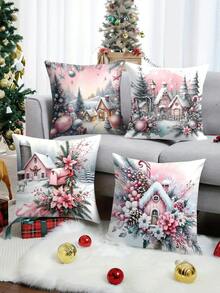 4 pièces/1 pièce Housses de coussin de Noël roses - Village enneigé, sapin de Noël et motif floral, housses de coussin de fête, 18x18 pouces | Fermeture éclair | Matériau en polyester brillant | Convient pour le salon, la décoration de la chambre, le canapé et la chambre à coucher (insert de coussin non inclus) Parfait pour la décoration de Noël, la fête de Noël, la décoration de la chambre, la décoration de la maison - Rose bonbon - Voir 10